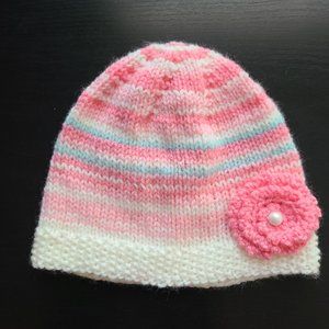 Baby Girl Knit Beanie Hat Handmade Multicolor Flower Acrylic Size 3-6 Months